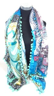 Bufanda de Lujo Reversible Estilo Ibiza Menta/Azul/Flores (1 ud)