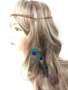 Diadema Trenzada Negra con Plumas de Pavo Real (1 ud)
