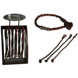 Pulseras de cuero trenzado "Skull" en expositor de madera (96 uds.)